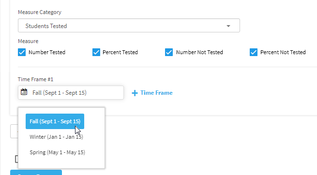 Students Tested is the Measure Category chosen for the new column. The options chosen by the user include showing Number Tested, Percent Tested, Number Not Tested, and Percent Not Tested. The Fall time frame is also being selected.