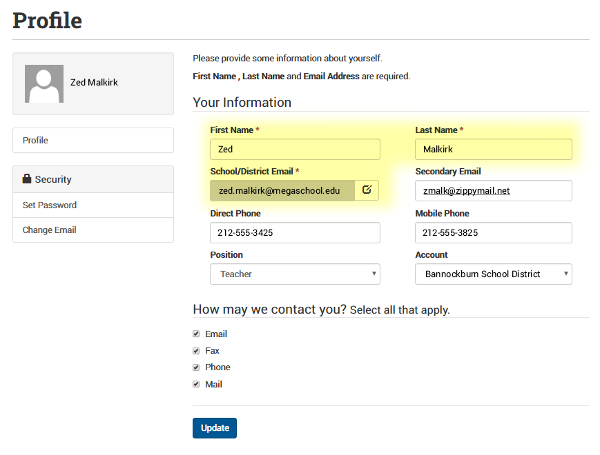 A profile page highlighting the required fields: first and last name, and school or district email.