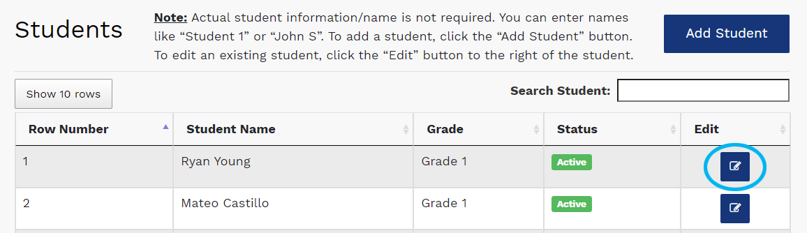 the Students page and edit icon