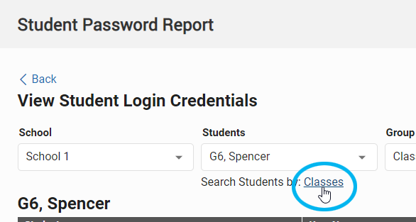 the Classes link under the Students drop-down list