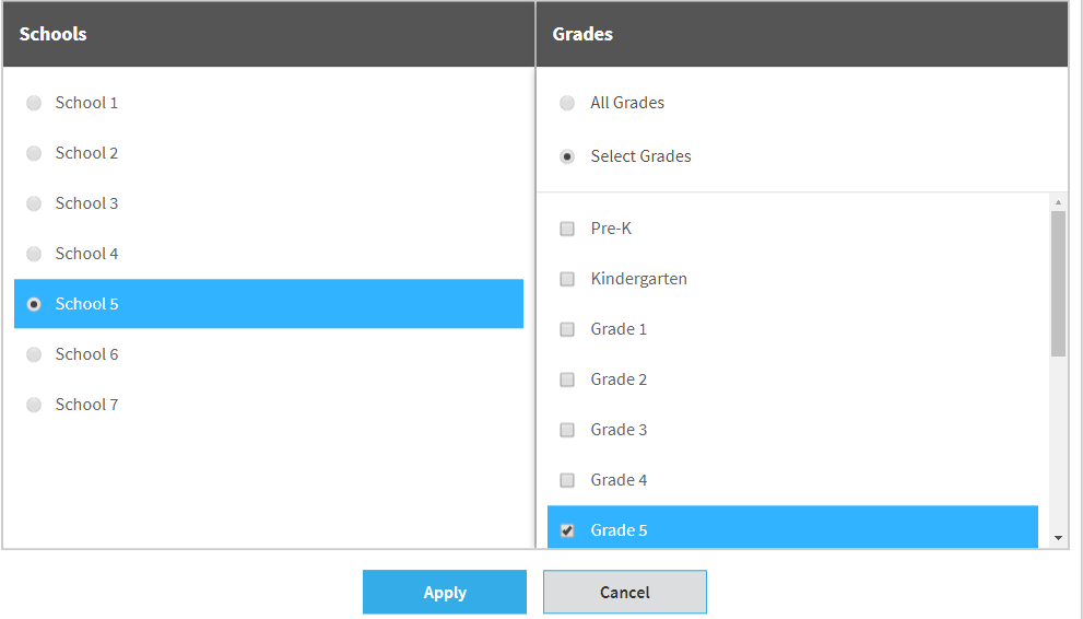 select the school in the first column, then the grade or All Grades in the second