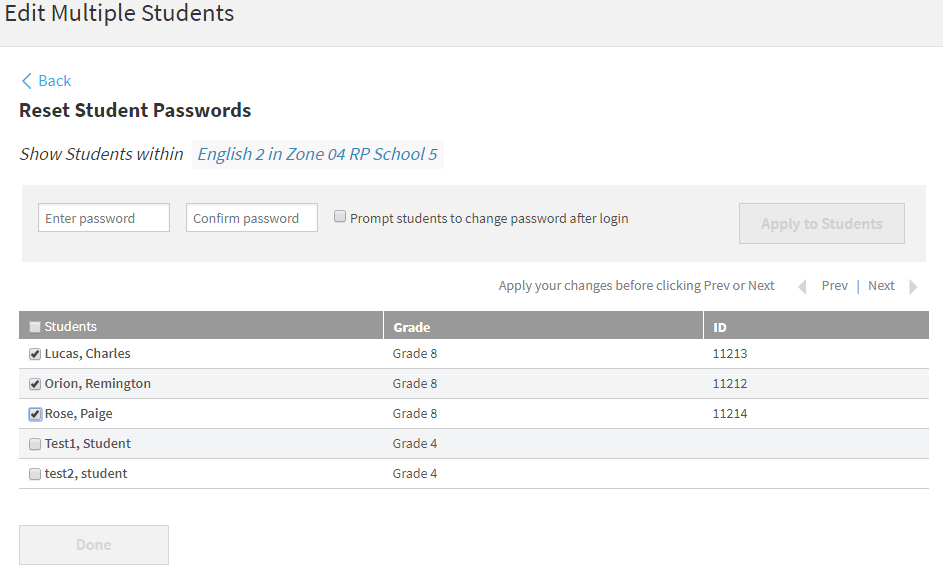 the Reset Student Passwords page with some students checked