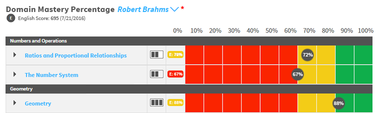 The Domain Mastery Percentages for the selected student. Mastery for each domain is based on the student's average scores. An indicator of mastery confidence is also shown (high, moderate, or low), determined by the amount, type, and recency of student activity for the domains.