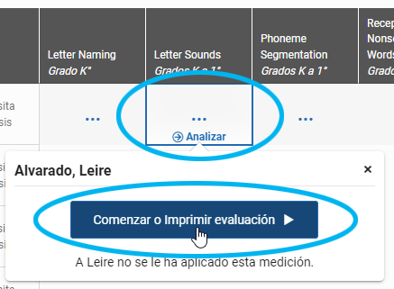 seleccione el recuadro de una medición y un estudiante; luego, seleccione Comenzar o Imprimir evaluación