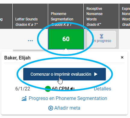 seleccione un puntaje; luego. Seleccione Comenzar o imprimir evaluación