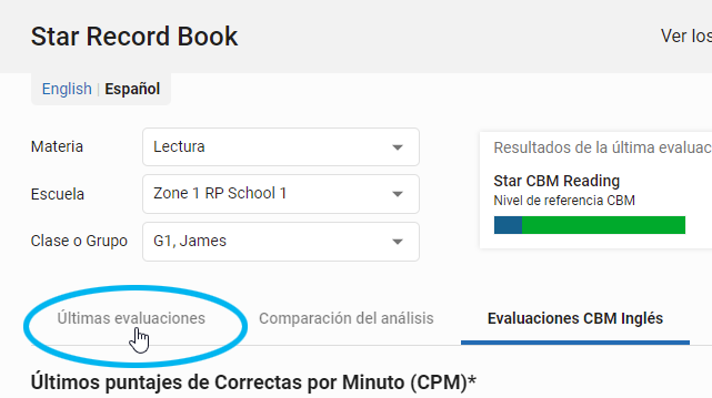 seleccione la pestaña Últimas evaluaciones