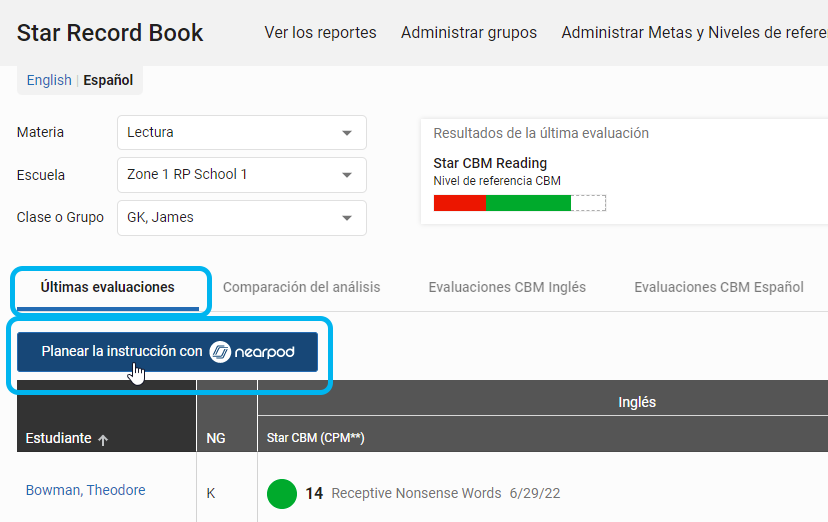 en la pestaña Últimas evaluaciones, seleccione Planear la instrucción con Nearpod