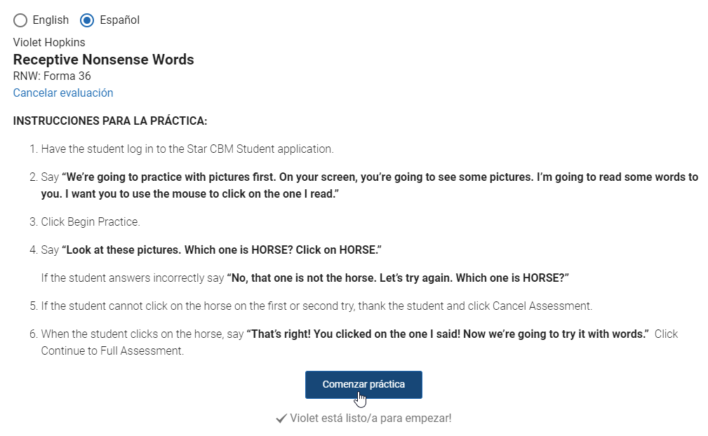 si la evaluación tiene práctica, seleccione Comenzar práctica