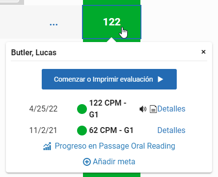 seleccione un puntaje para ver las opciones de los detalles de la evaluación, el progreso de la medición y añadir una meta