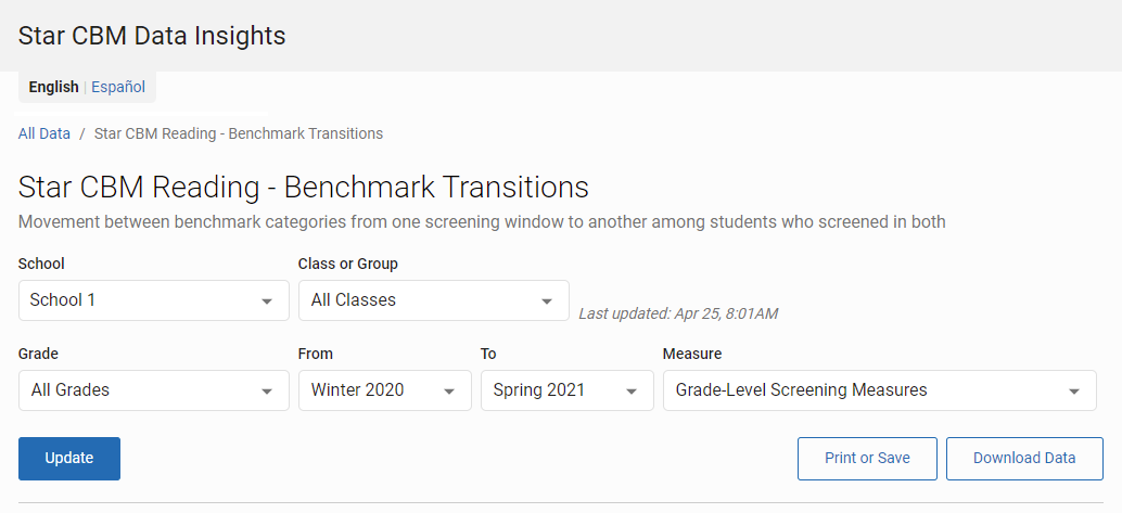 the drop-down lists on the Benchmark Transitions page