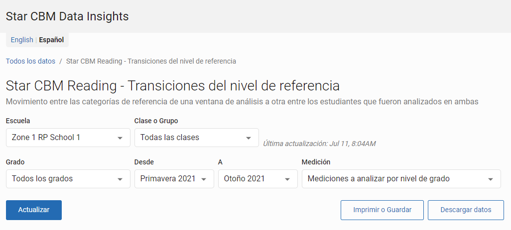 las listas desplegables en la página Transiciones del nivel de referencia