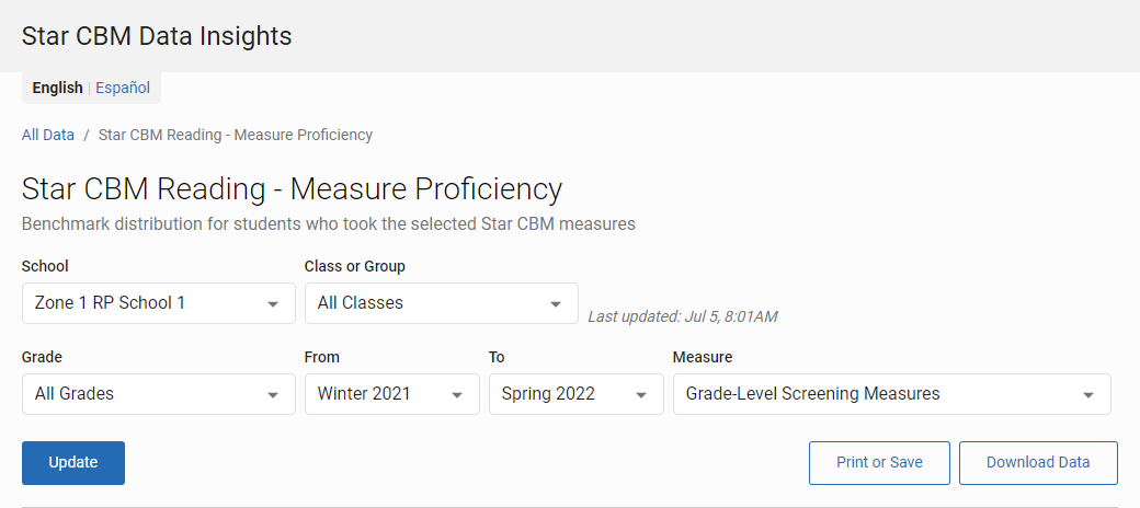 example of the drop-down lists available on the Measure Proficiency page