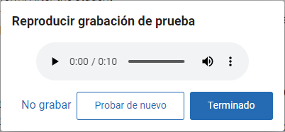 ejemplo de los botones de reproducción y las opciones de grabación de prueba