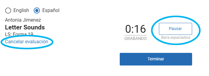 opciones de Pausar y Cancelar evaluación