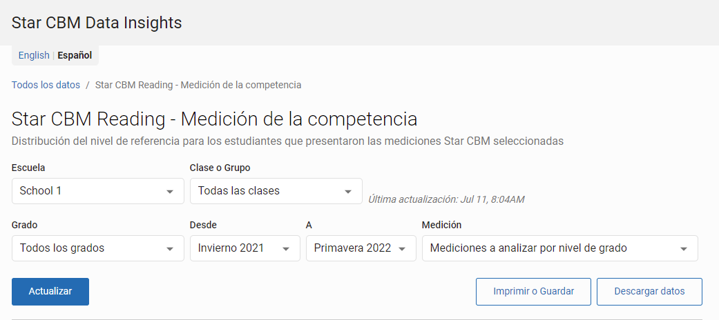 ejemplo de listas desplegables disponibles en la página Medición de la competencia