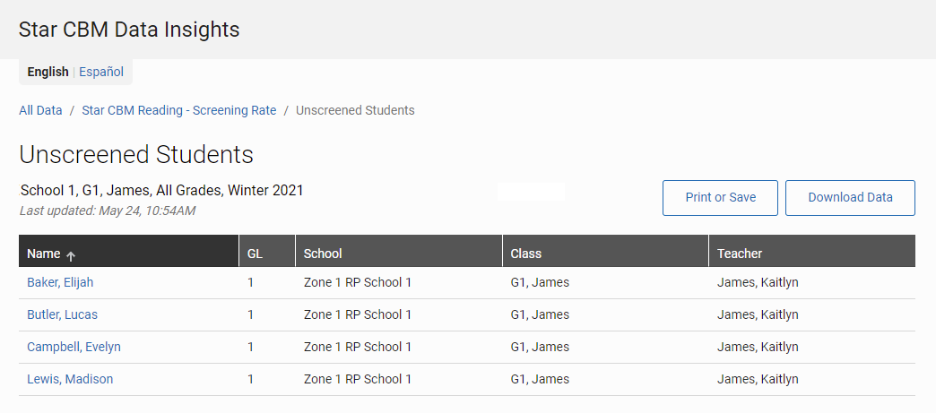 example of the Unscreened Students table