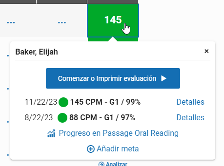 seleccione un puntaje para ver las opciones de detalles de la evaluación, el progreso de la medición y para añadir una meta