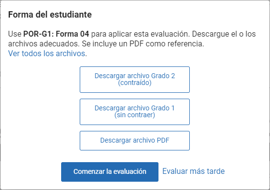 las opciones Descargar archivo Grado 2 (contraído), Descargar archivo Grado 1 (sin contraer) y Descargar archivo PDF para una evaluación de lectura