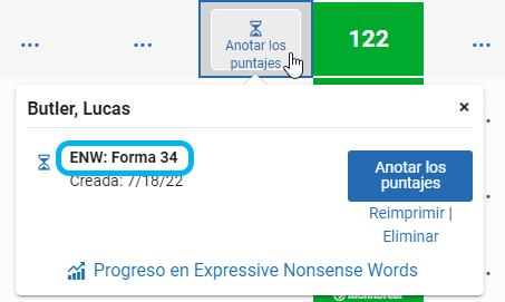 ejemplo del ID de una forma en la ventana emergente Anotar los puntajes