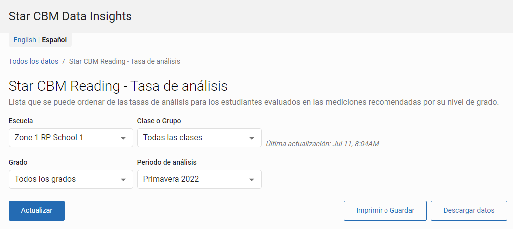 las listas desplegables en la página Tasa de análisis