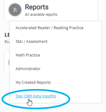 seleccione Reports en la página de Inicio, luego seleccione Star CBM Data Insights