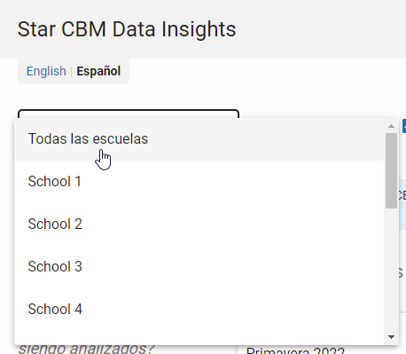 seleccione Todas las escuelas o una sola escuela en la lista desplegable