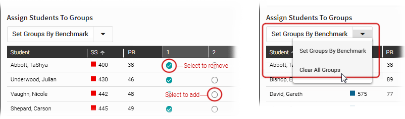 Examples of how to change student placement in groups. In the row for a student, remove a check mark from a group to remove the student from that group, or add a check mark to a group to add the student. The drop-down list where you can Set Groups By Benchmark or Clear All Groups is above the table of students.