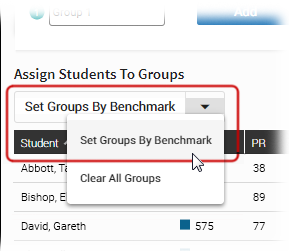 The drop-down list above the table of students has been selected, and Set Groups by Benchmark has been chosen.