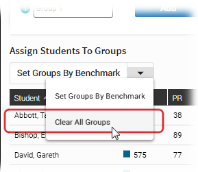 The drop-down list above the table of students has been selected, and Clear All Groups has been chosen.