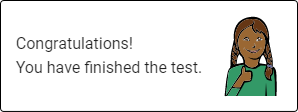 The message states: 'Congratulations! You have finished the test.'