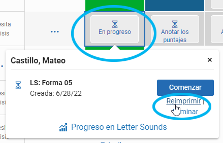 para evaluación en formato mixto, seleccione En progreso, luego seleccione Reimprimir en el listado emergente