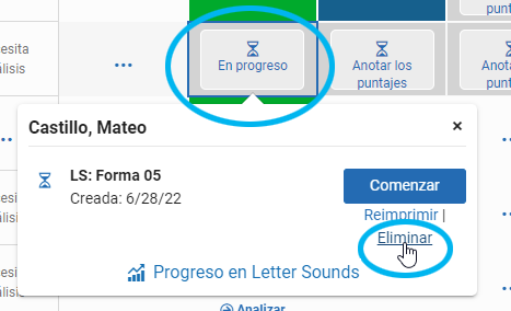 para evaluaciones en formato mixto, seleccione En progreso, luego seleccione Eliminar en el listado emergente