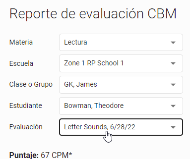 use las listas desplegables para cambiar la materia, el estudiante o la evaluación