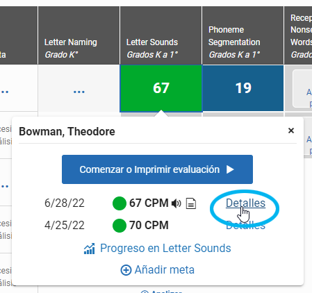 seleccione un puntaje en la tabla, luego seleccione Detalles junto al puntaje en la ventana emergente