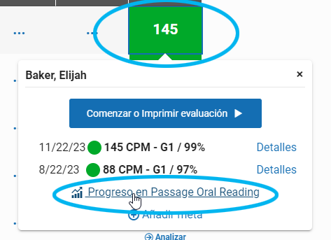 seleccione un puntaje; luego el nombre de la medición en la ventana emergente para abrir la gráfica de la medición