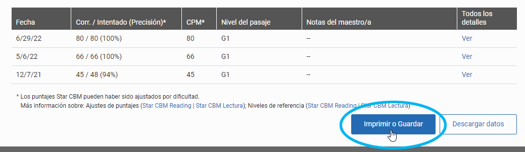 seleccione Imprimir o Guardar en la parte de abajo de la gráfica y la tabla