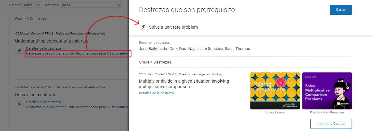 Se muestra una destreza que es prerrequisito para una de las destrezas, con un vínculo a un recurso en Nearpod para esa destreza. El botón Cerrar está en la esquina superior derecha de la ventana deslizable; el botón Imprimir o Guardar está en la parte de abajo.