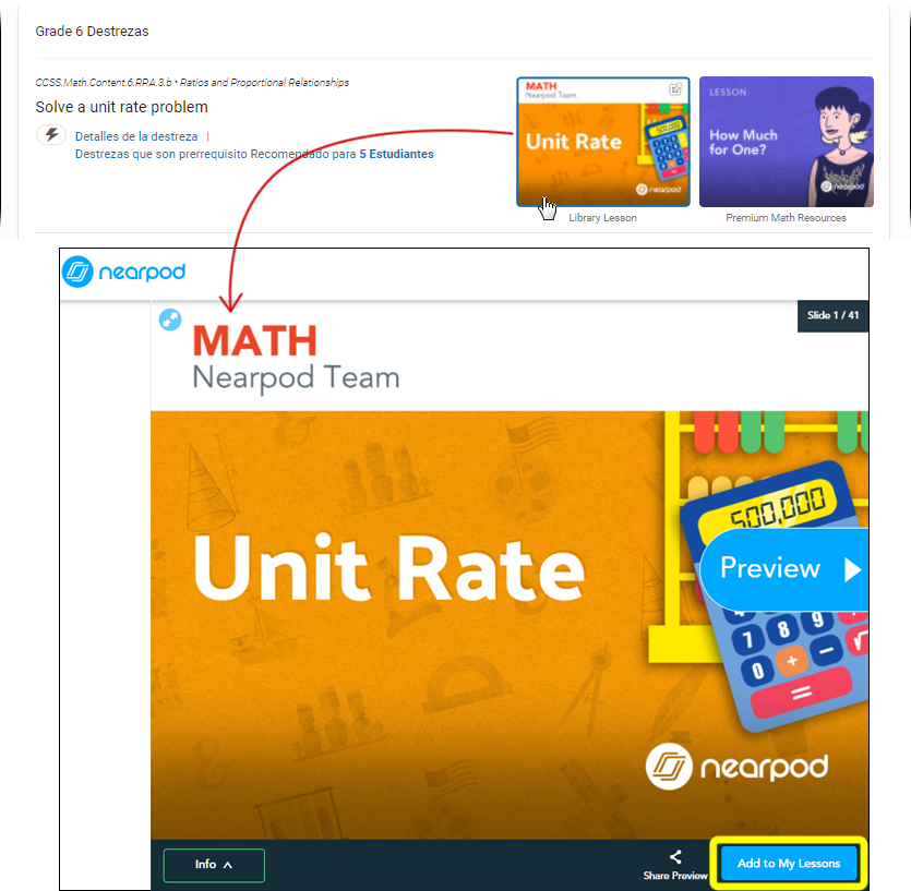La ventana de la vista previa de una lección Nearpod seleccionada. El botón Añadir a Mis lecciones está en la parte de abajo.