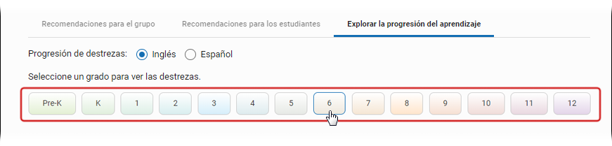 La pestaña Explorar la Progresión del aprendizaje, con botones para los grados Pre-K a 12.