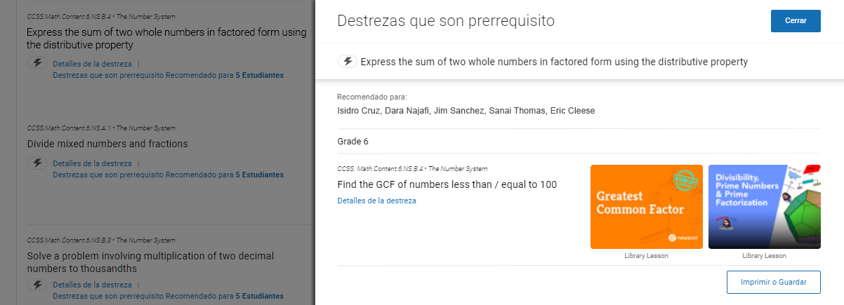 Se muestra una destreza que es prerrequisito para una de las destrezas, con un vínculo a un recurso en Nearpod para esa destreza. El botón Cerrar está en la esquina superior derecha de la ventana deslizable; el botón Imprimir o Guardar está en la parte de abajo.