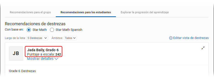 El primer estudiante de la lista, con su grado y puntaje a escala de su última evaluación en la materia seleccionada.