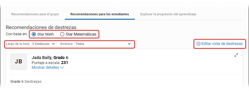 Los controles Con base en, Longitud de la lista/Ámbitos y Editar vista de la destreza están resaltados.