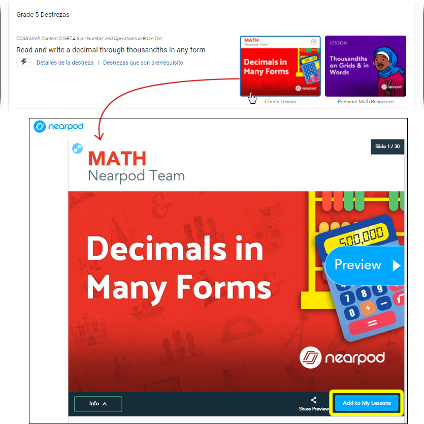 La ventana de la vista previa de una lección Nearpod seleccionada. El botón Añadir a Mis lecciones está en la parte de abajo.