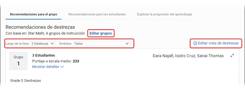 Los controles Editar grupos, Longitud de la lista/Ámbitos y Editar vista de la destreza están resaltados.