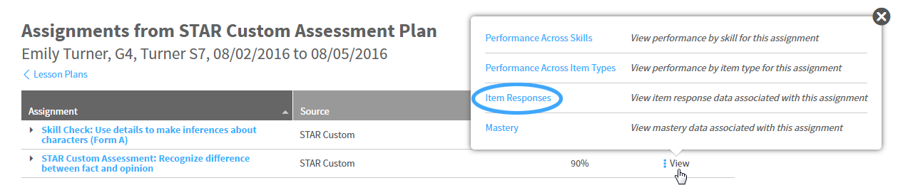 example of the Item Responses option from the Review Results Dashboard