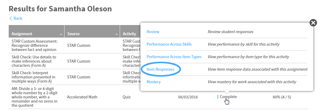 example of the Item Responses option when Complete is selected