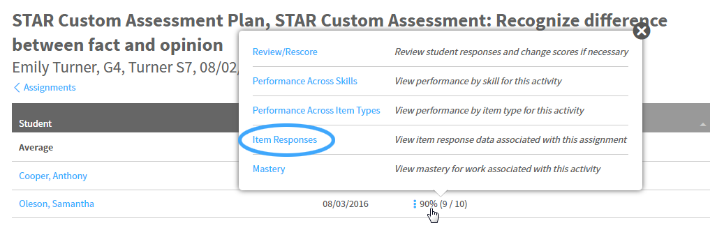 example of the Item Responses option when a student's score is selected