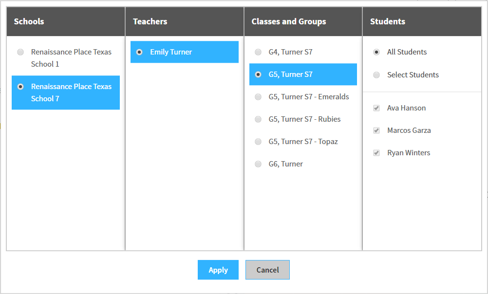 example of the selection window with the Schools, Teachers, Classes and Groups, and Students columns