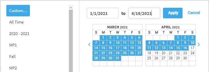 A calendar with a start and end date being selected. The Apply and Cancel buttons are in the upper-right corner.