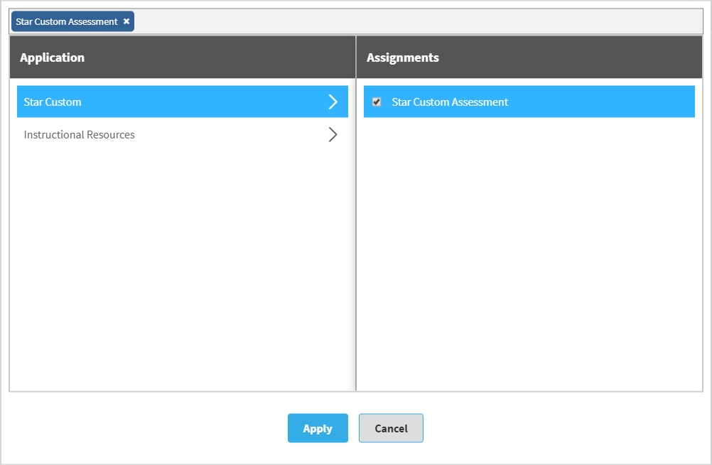 Star Custom has been selected in the Application column on the left, and Star Custom Assessment has been selected in the Assignments column on the right. The Apply and Cancel buttons are at the bottom.